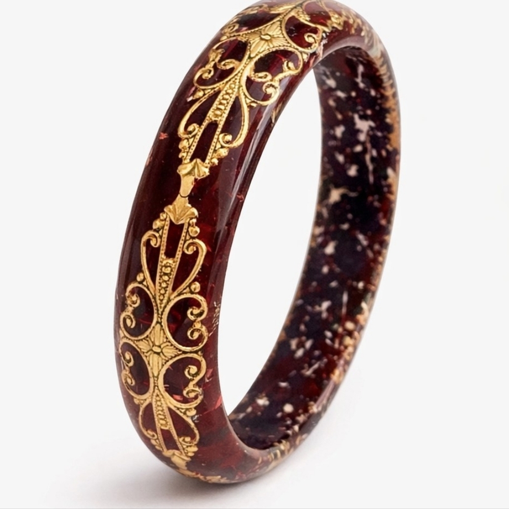Vintage 1950s Lucite Reverse Carved Bangle Gold Filigree Burgundy Domed 3/4"